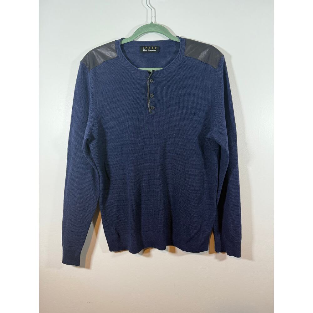 The Kooples Navy Blue Cotton Leather Henley Long Sleeve Pullover Sweater Size S